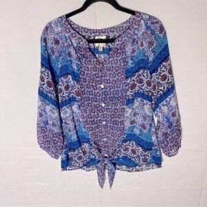Fig And Flower Blue Red White Multi Print Boho tTie Front Semi Sheer Blouse M